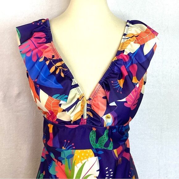 AVERIE RETRO RAYNE ONE PIECE SWIMSUIT RUFFLE TOP TROPICAL PRINT - Picture 3 of 10